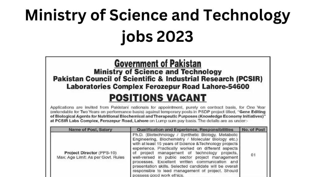 Ministry of science and Technology jobs 2023