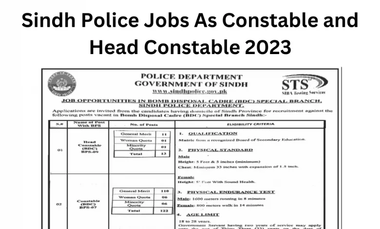 Sindh Police Jobs As Constable and Head Constable 2023