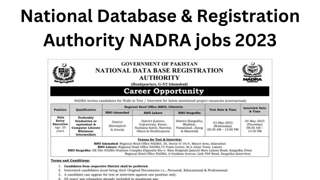 National Database & Registration Authority NADRA jobs 2023