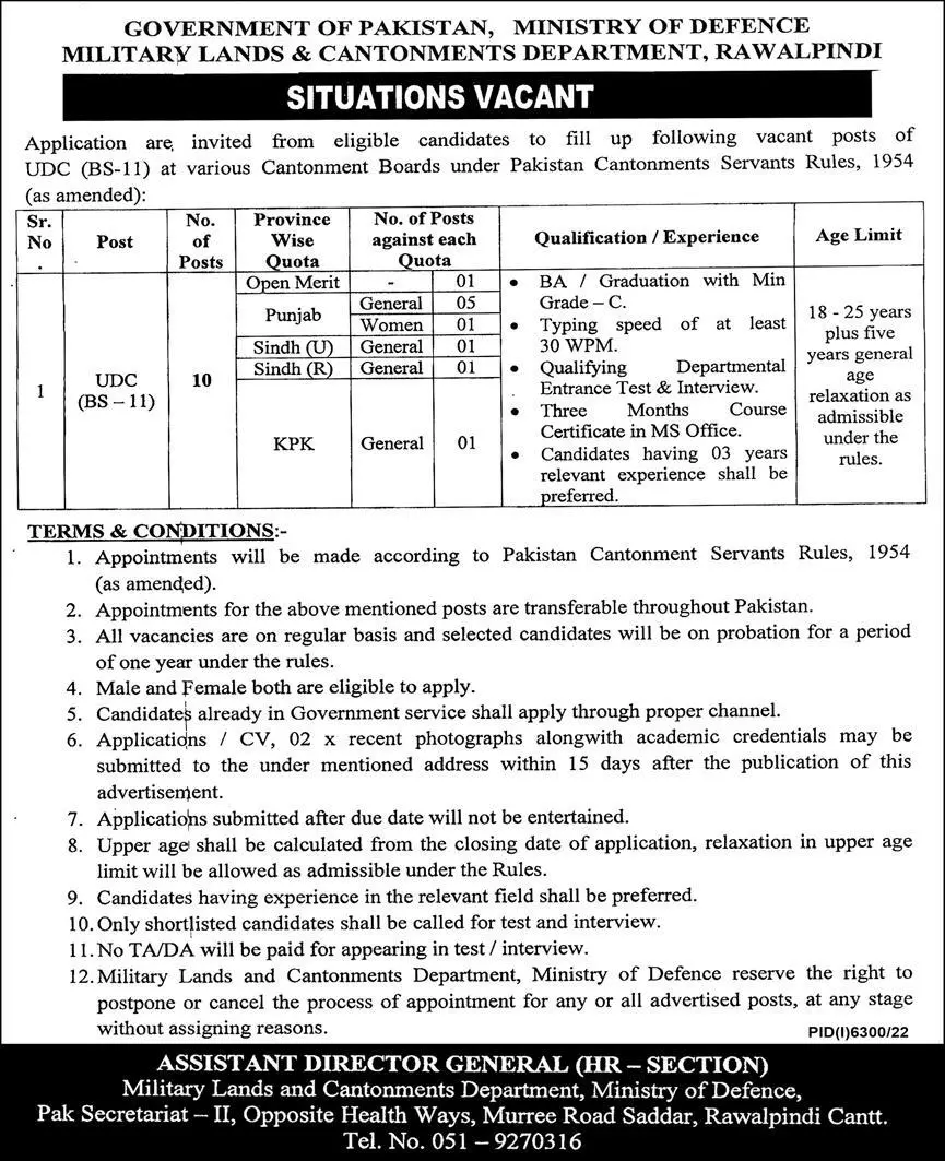 Ministry of Defence Military Lands & Cantonments Department Jobs 2023