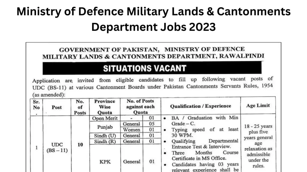 Ministry of Defence Military Lands & Cantonments Department Jobs 2023