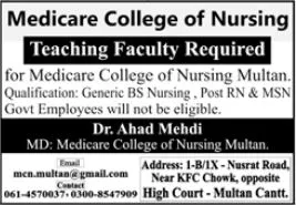 : Medicare College of Nursing Multan Teaching Faculty Jobs