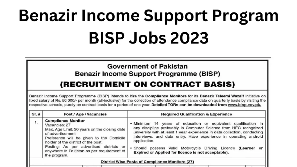 Benazir Income Support Program BISP Jobs 2023