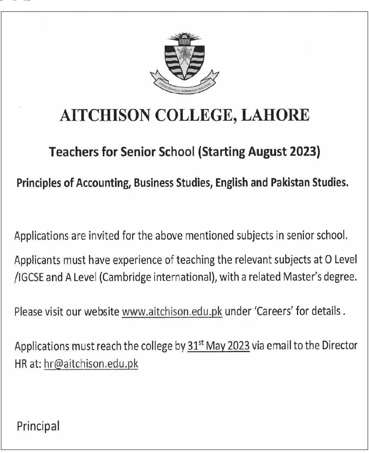 Aitchison College Lahore Teaching Jobs 2023