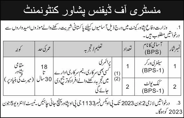 Ministry of Defence Army jobs Peshawar 2023