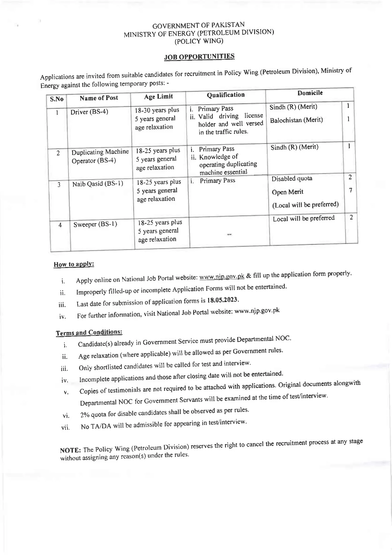 Ministry of Energy Petroleum Division Jobs 2023