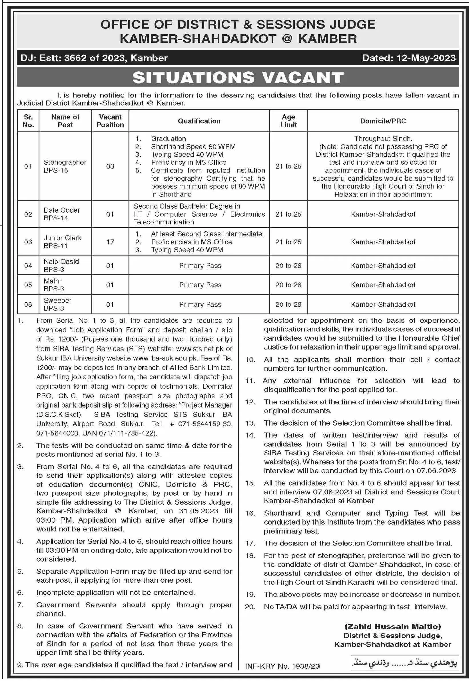 District And Session Judge Kamber Shahdadkot Jobs 2023