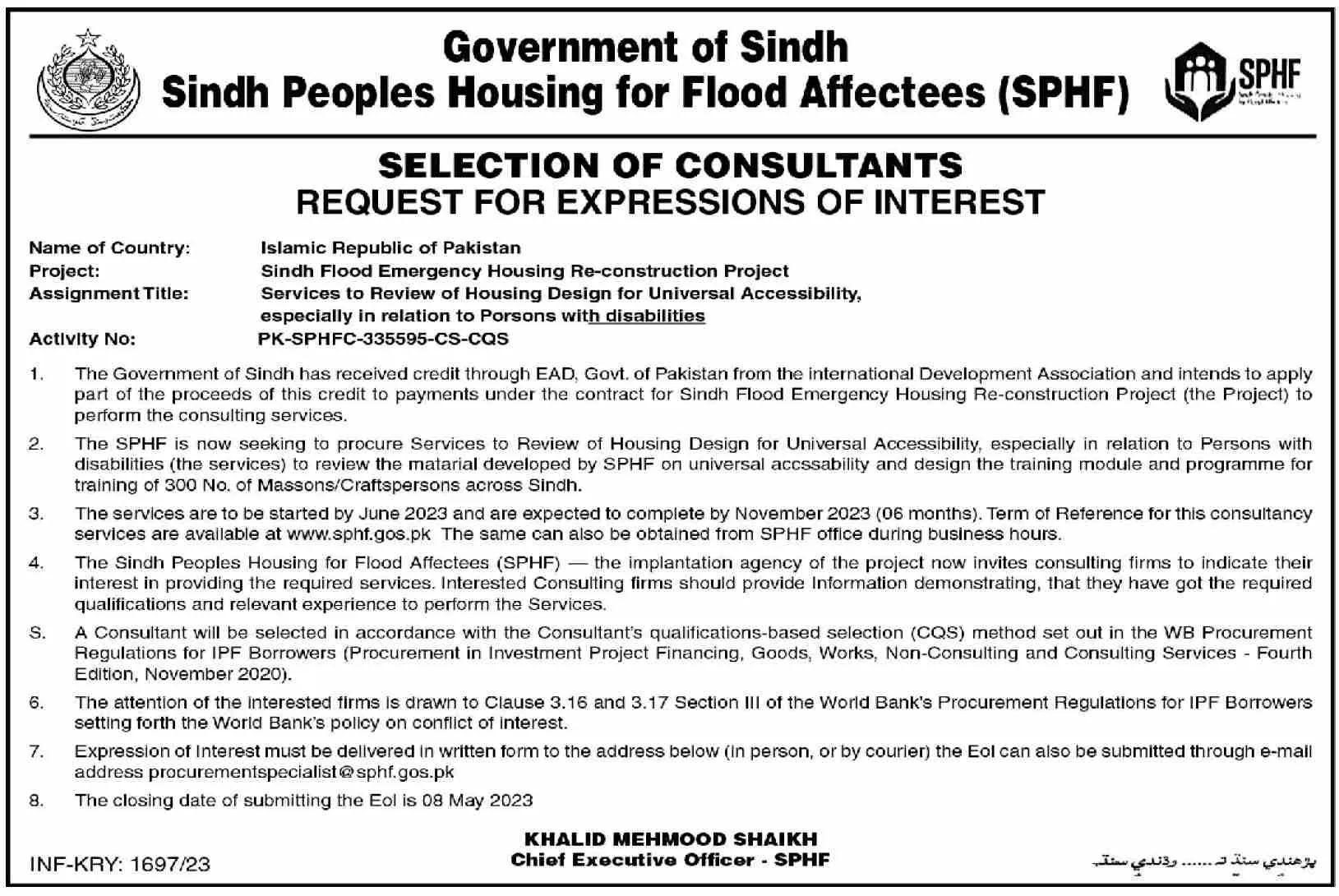 Sindh Peoples Housing for Flood Affectees SPHF Jobs 2023